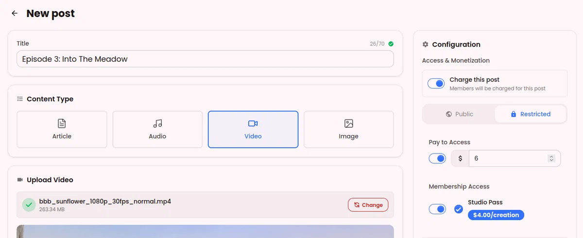 Post creation form with access and pricing options