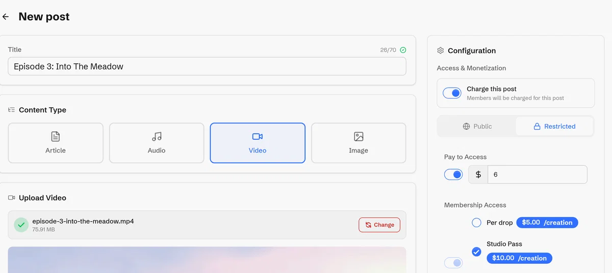 Post creation form with access and pricing options