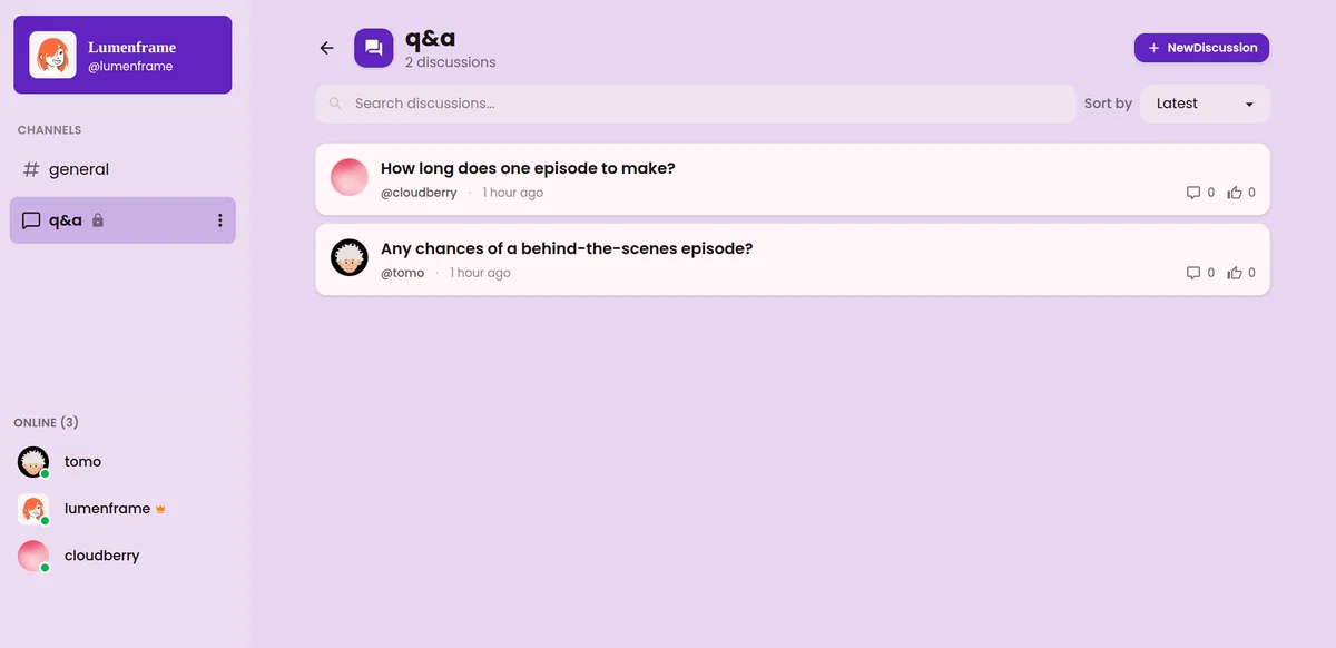 A community forum channel with threads inside Folloverse