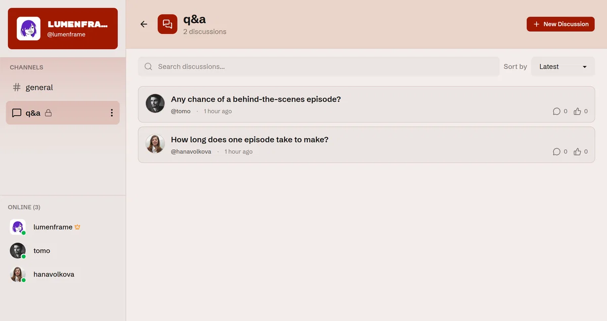 A community forum channel with threads inside Folloverse