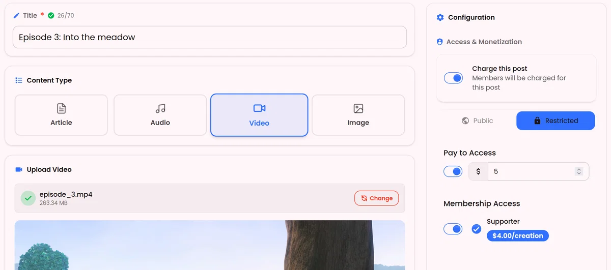Post creation form with access and pricing options
